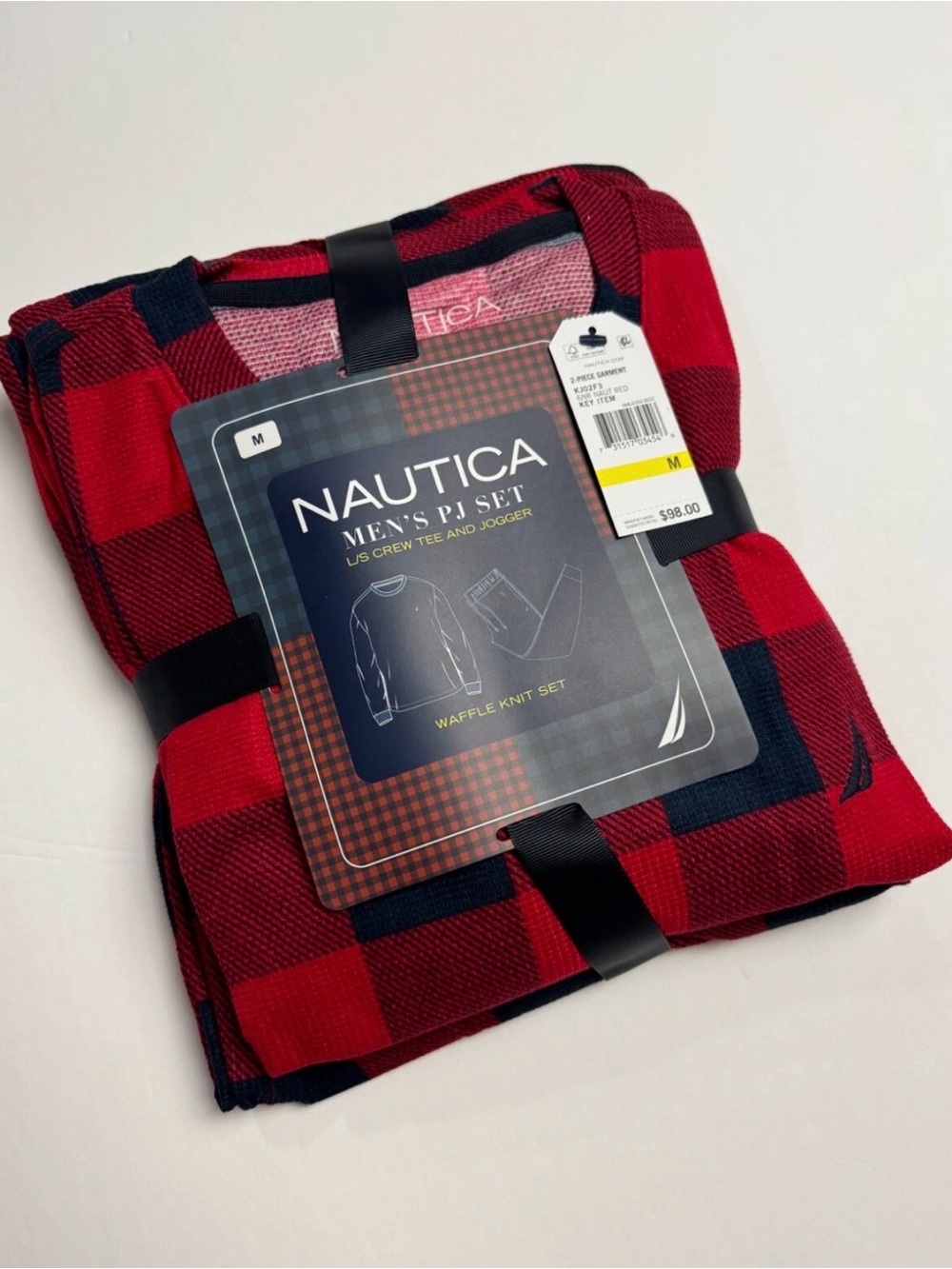 Nautica Men's Red & Navy Plaid Waffle Knit Sweater PJ Set Medium